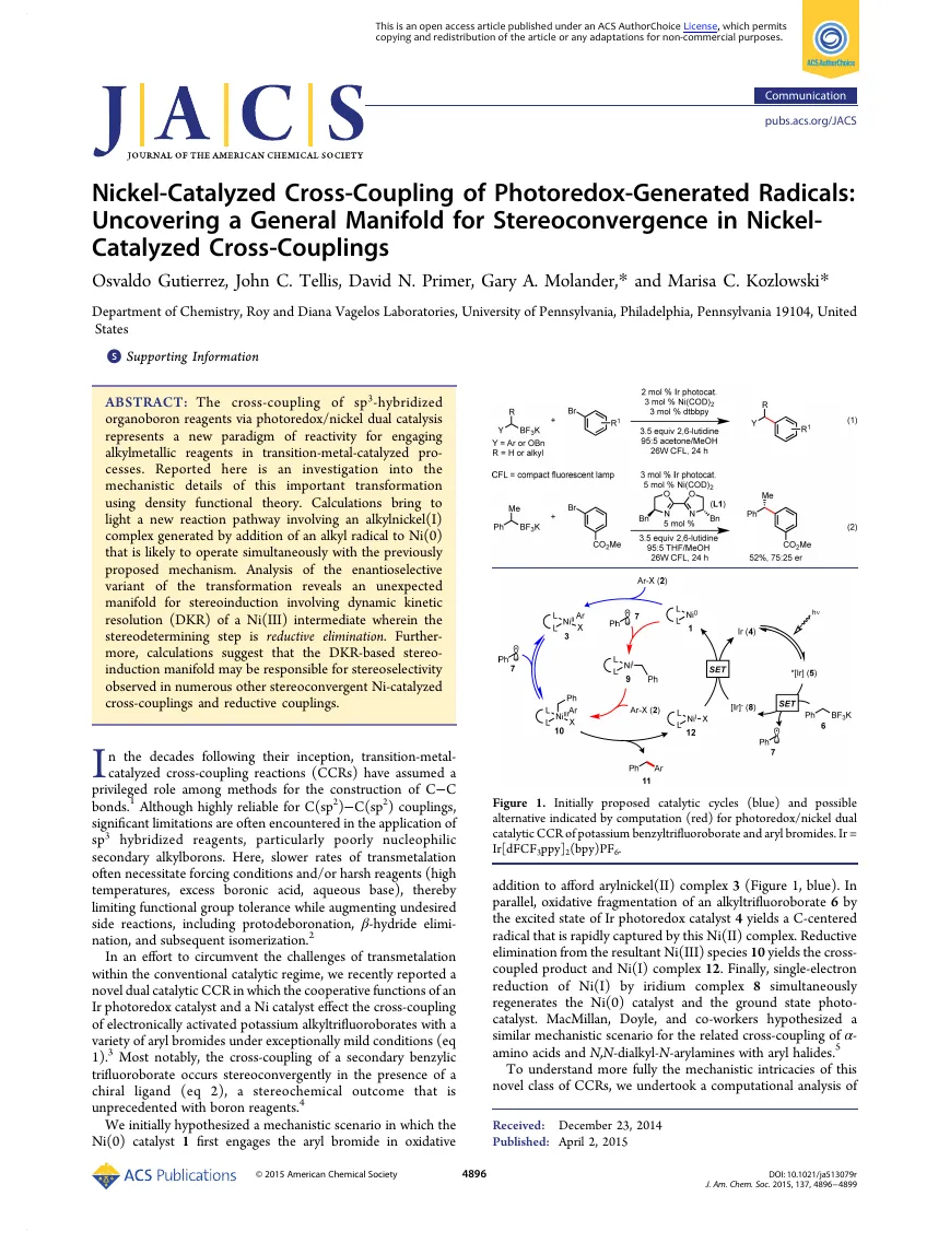Cover thumbnail for Nickel-Catalyzed Cross-Coupling of Photoredox-Generated Radicals: Uncovering a General Manifold for Stereoconvergence