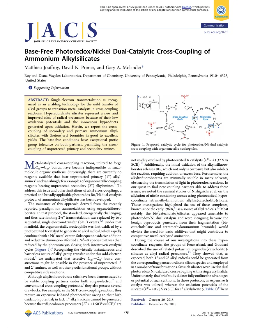Cover thumbnail for Base-Free Photoredox/Nickel Dual-Catalytic Cross-Coupling of Ammonium Alkylsilicates