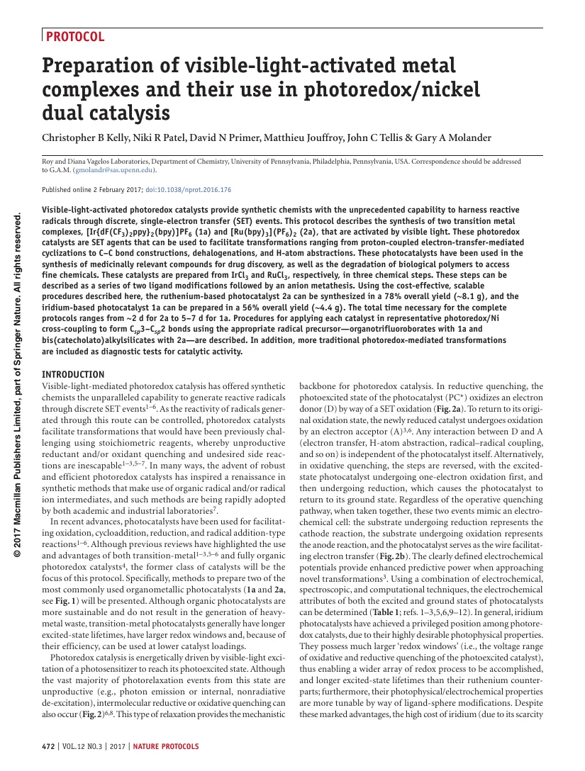 Cover thumbnail for Preparation of Visible-Light-Activated Metal Complexes and Their Use in Photoredox/Nickel Dual Catalysis