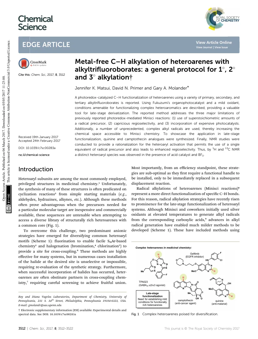 Cover thumbnail for Metal-Free C–H Alkylation of Heteroarenes with Alkyltrifluoroborates