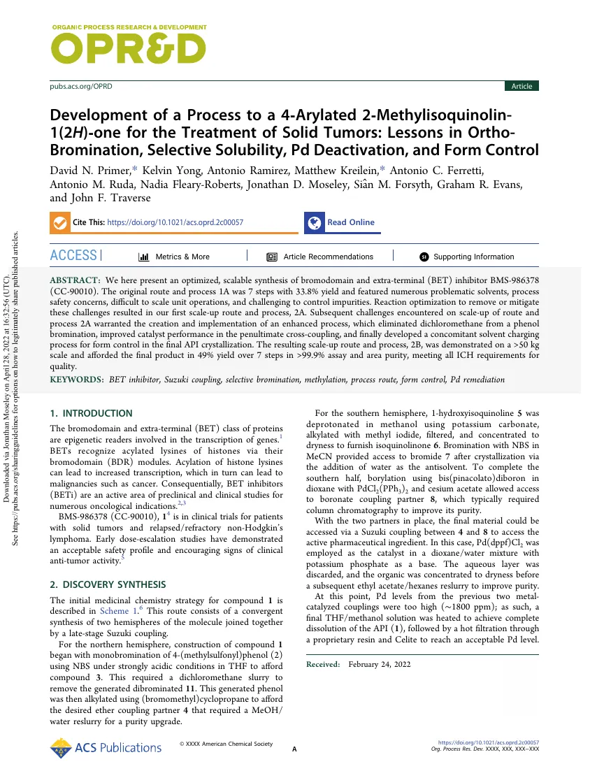 Cover thumbnail for Development of a Process to a 4-Arylated 2-Methylisoquinolin-1(2H)-one for the Treatment of Solid Tumors: Lessons in Ortho-Bromination, Selective Solubility, Pd Deactivation, and Form Control