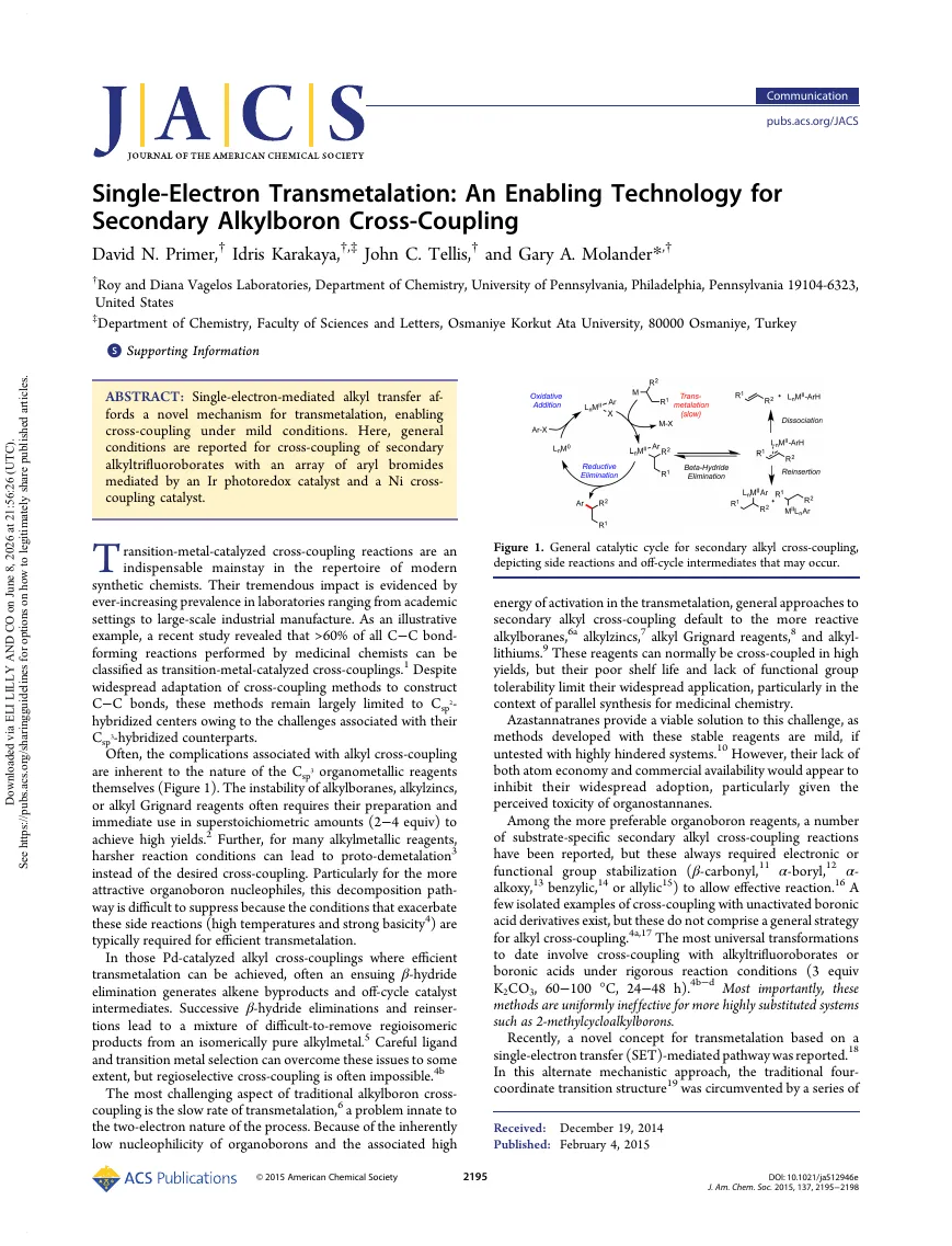 Cover thumbnail for Single-Electron Transmetalation: An Enabling Technology for Secondary Alkylboron Cross-Coupling