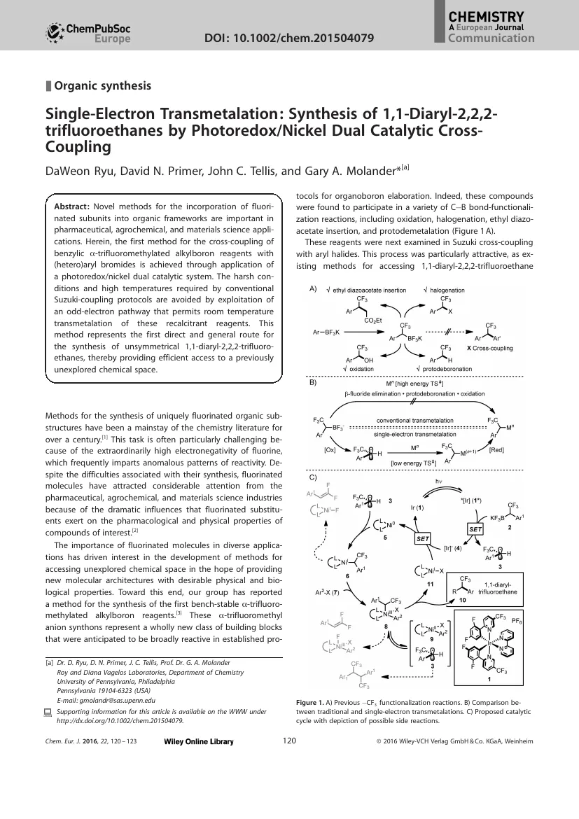Cover thumbnail for Single-Electron Transmetalation: Synthesis of 1,1-Diaryl-2,2,2-trifluoroethanes by Photoredox/Nickel Dual Catalysis