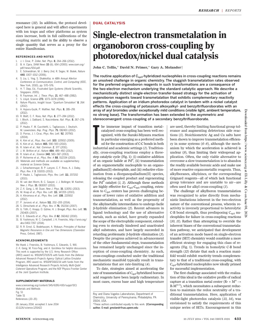 Cover thumbnail for Single-Electron Transmetalation in Organoboron Cross-Coupling by Photoredox/Nickel Dual Catalysis