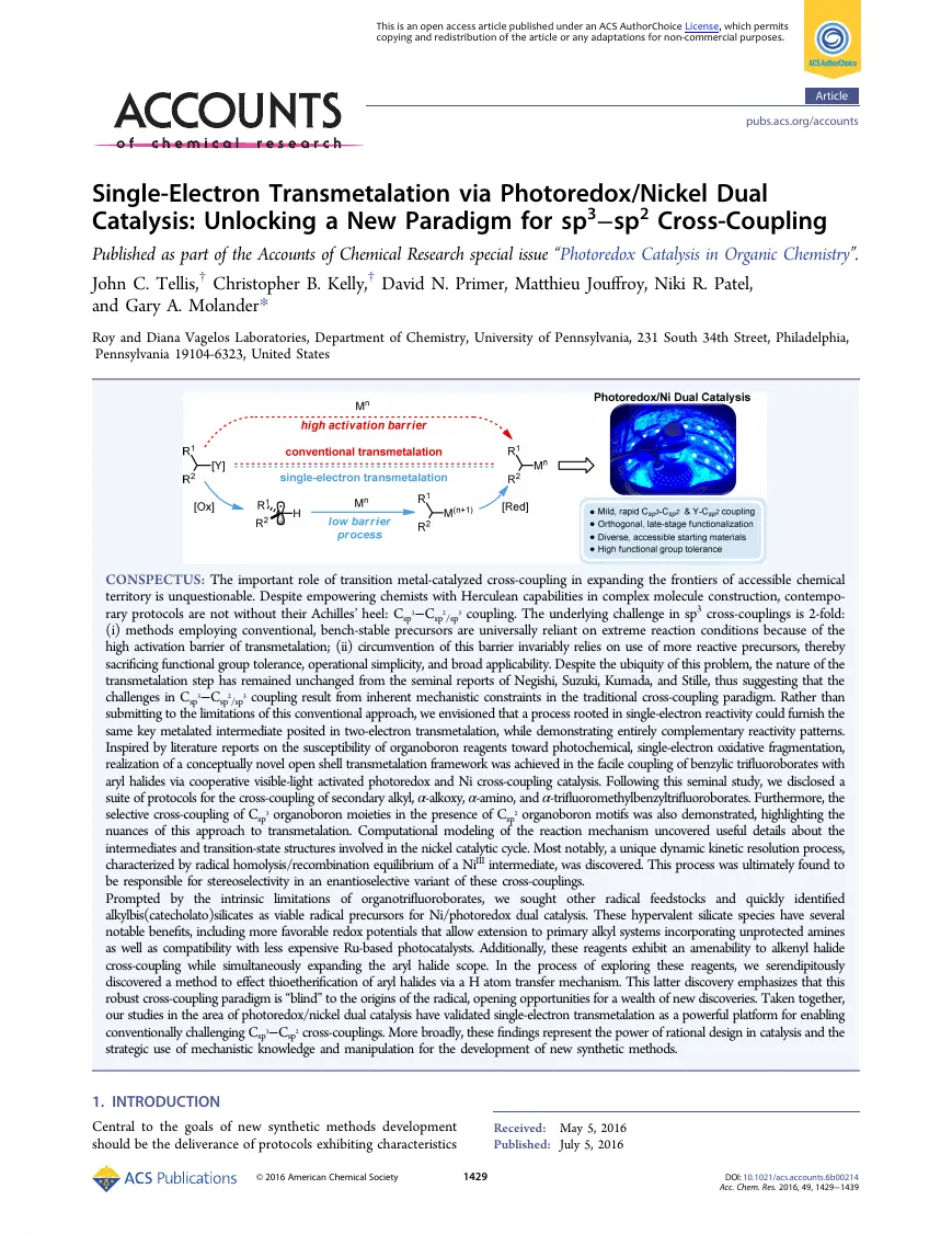 Cover thumbnail for Single-Electron Transmetalation via Photoredox/Nickel Dual Catalysis