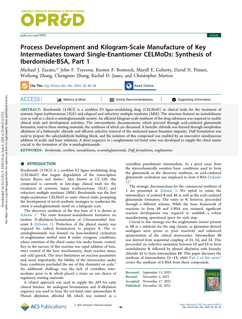 Cover thumbnail for Process Development and Kilogram-Scale Manufacture of Key Intermediates toward Single-Enantiomer CELMoDs: Synthesis of Iberdomide·BSA, Part 1