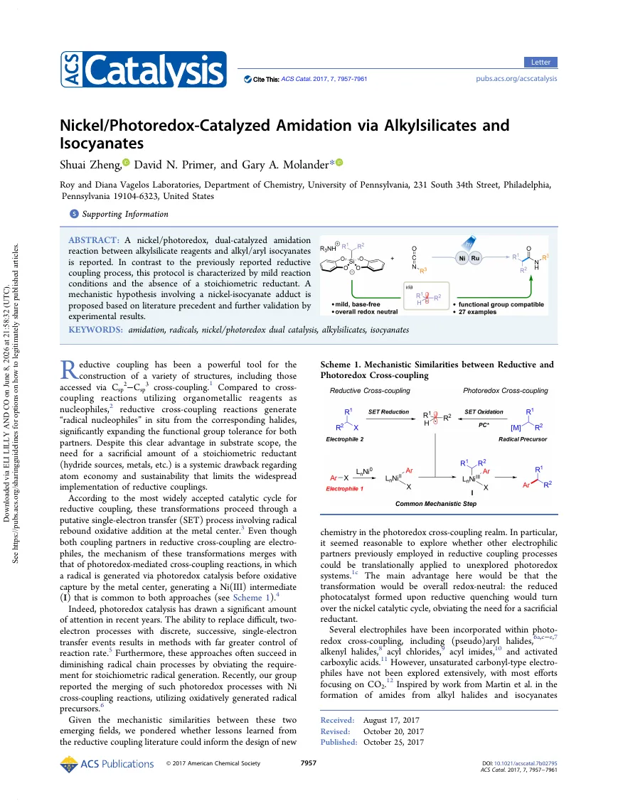 Cover thumbnail for Nickel/Photoredox-Catalyzed Amidation via Alkylsilicates and Isocyanates